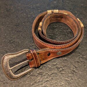 Leather Belt Men’s 34 Silver Concho & Rope Handcrafted Made Old Sonora Mexico